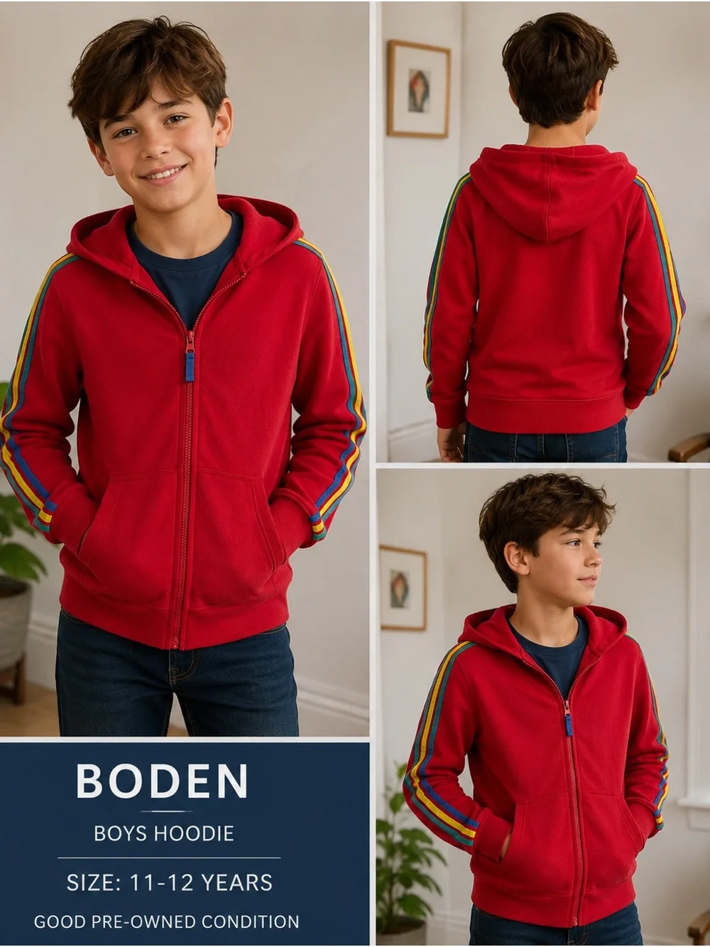 Mini Boden Cotton Red Kids' Zip-Up Hoodie with Sleeve Stripes